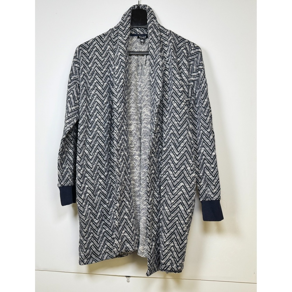 Jones New York Cardigan Sweater Womens Large Blue White Chevron Print Open Front